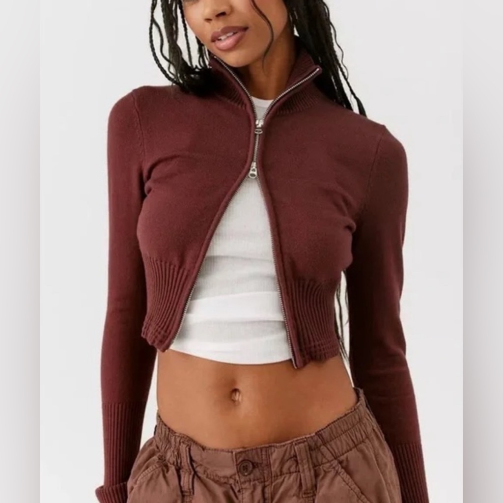Urban Outfitters Everleigh Two-Way Zip Up Cropped Cardigan Sweater Brown Med